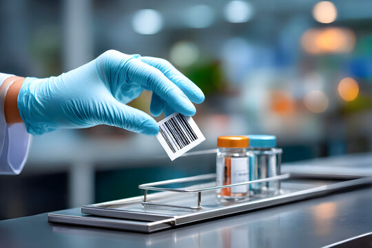 Medical professional in blue gloves holds a barcode label above a tray with glass vials and colorful caps, showcasing pharmaceutical inventory management and safety protocols