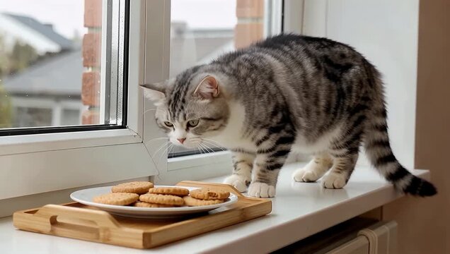 Curious tabby cat inspects fresh cookie on a sunlit windowsill in a cozy home kitchen setting