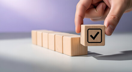 Checkmark Wooden Block Selection Adult Hand Completion Copy Space