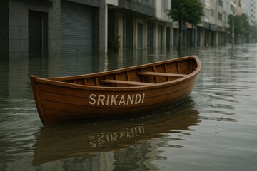 Wooden boat named Srikandi floating along a flooded street with buildings after torrential rains