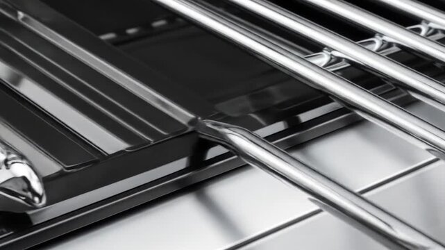 Close-up of shiny chrome grill components. Angled view of reflective stainless steel bars and black surfaces