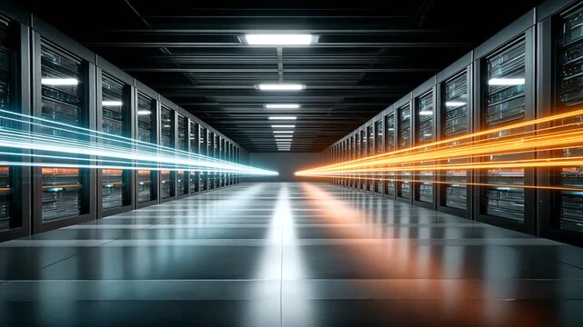 A dark server room with glowing data streams, bright lights and rows of servers