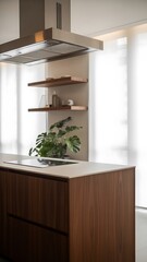 Modern Kitchen Island with Induction Cooktop and Range Hood