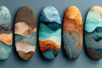 Circular watercolor art featuring gold lines and earth tones on a gray background