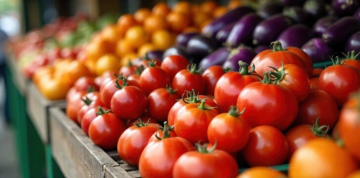 Abundant Sun Ripened Produce at a Farmers Market Stall A close up overhead shot of a rustic wooden farmers market stall overflowing with a colorful assortment of perfectly ripe fruits and vegetables. - Powered by Adobe