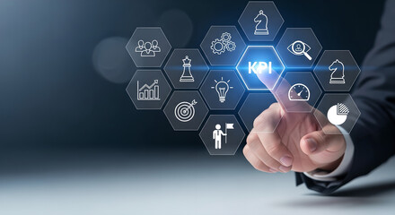 KPI Business Performance Analytics Male Hand Touching Digital Interface Copy Space