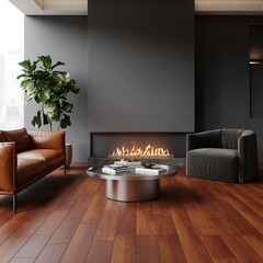 Modern Living Room with Fireplace and Leather Sofa