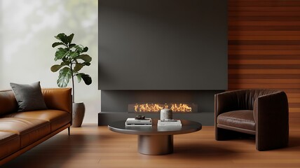 Modern Living Room with Fireplace and Leather Furniture
