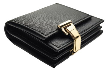 Close up of a black leather wallet with gold clasp isolated on transparent background. Elegant black leather wallet with a stylish gold clasp isolated on white background.