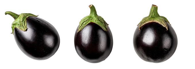 Three dark purple eggplants with green stems