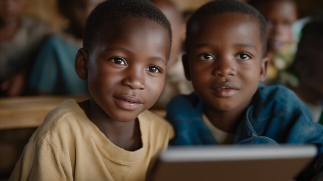 Excited refugee children exploring virtual environments in a digital classroom, representing STEM inclusion, modern education access, and the next generation of empowered global citizens. cinematic