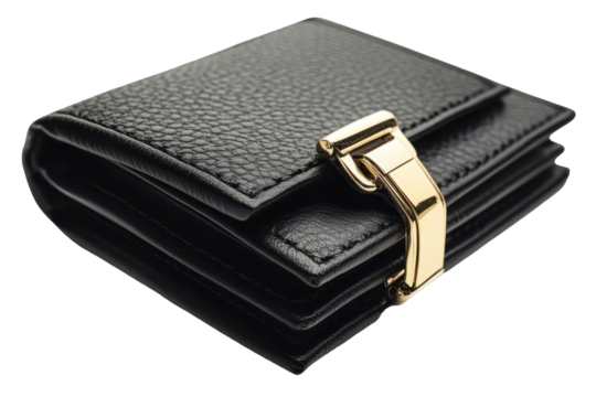 Close up of a black leather wallet with gold clasp isolated on transparent background. Elegant black leather wallet with a stylish gold clasp isolated on white background.