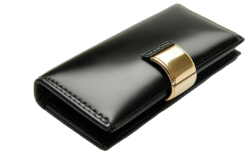Close up of a black leather wallet with gold clasp isolated on transparent background. Elegant black leather wallet with a stylish gold clasp isolated on white background.