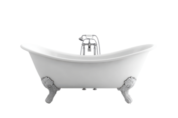 Elegant white clawfoot bathtub with ornate legs isolated on transparent background. Elegant freestanding white bathtub with ornate feet isolated on white background.