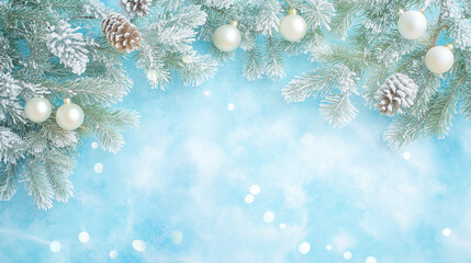 Frosted pine branches with white ornaments on icy blue background  