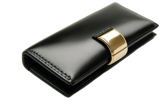 Close up of a black leather wallet with gold clasp isolated on transparent background. Elegant black leather wallet with a stylish gold clasp isolated on white background.