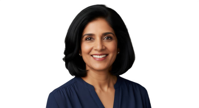 Headshot of a smiling 50-58-year-old South Asian family therapist, offering calm support for mental wellness or navigating holiday stress, isolated on transparent background, with clean edges. - Powered by Adobe