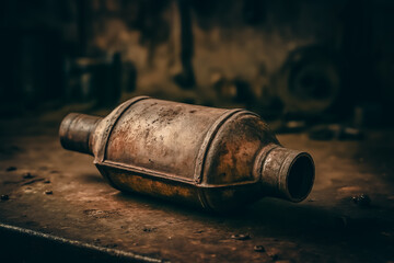 Closeup of a catalytic converter isolated on a garage shelf background. Device used in a vehicle's exhaust system to reduce toxic emissions. 