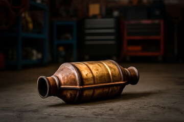 a catalytic converter on the floor of a garage or workshop. automobile background with copy space