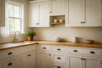 modern kitchen with painted cabinets, wood countertops, and open shelving displaying ceramic dishes. A farmhouse sink and a potted plant are also visible. Chalk paint finish. Beautiful interiors.