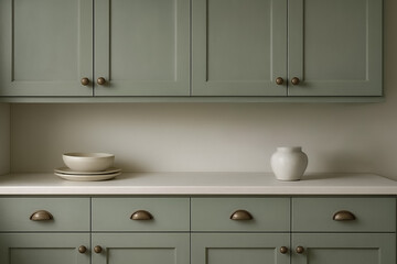 closeup of a modern farmhouse kitchen with muted green shaker-style cabinets and dark brass hardware. chalk paint style.  minimalist simple design. interior rendering. beautiful decor ideas background