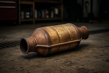 an old catalytic converter on the floor of a garage or workshop. automobile background with copy space
