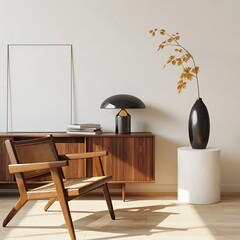 Modern Living Room with Mid-Century Chair and Walnut Cabinet