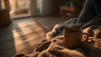 Young man meditating with coffee mug in bedroom - peaceful morning ritual