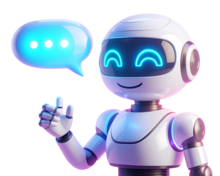  Futuristic 3D Chatbot Robot with a Smiling Digital Face, Holding a Glowing Speech