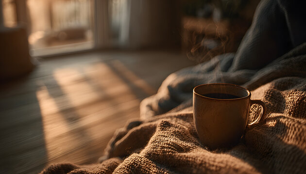 Young man meditating with coffee mug in bedroom - peaceful morning ritual