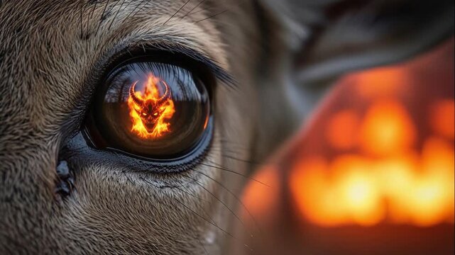 A scary demon with horns is reflected in an animal's eye. Close-up of a fiery devil monster in a pupil representing destructive wildfires and environmental threat for a supernatural animation