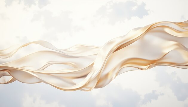 Golden Silk Fabric Flowing Against Soft Clouds Background