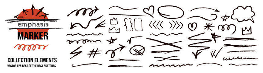 Brush swoosh strokes with check marks and asterisk arrow star cross crown emphasis lines.