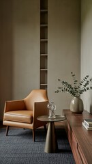 Modern Living Room with Tan Leather Armchair and Minimalist Shelving