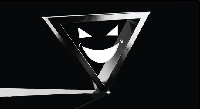 A metallic triangle with a glowing, sinister smiley face casts a stark shadow, evoking a sense of digital danger.