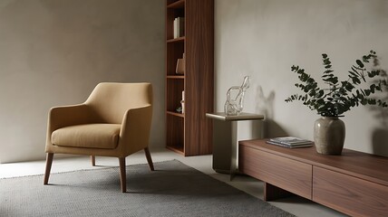 Modern Living Room with Yellow Armchair and Bookshelf