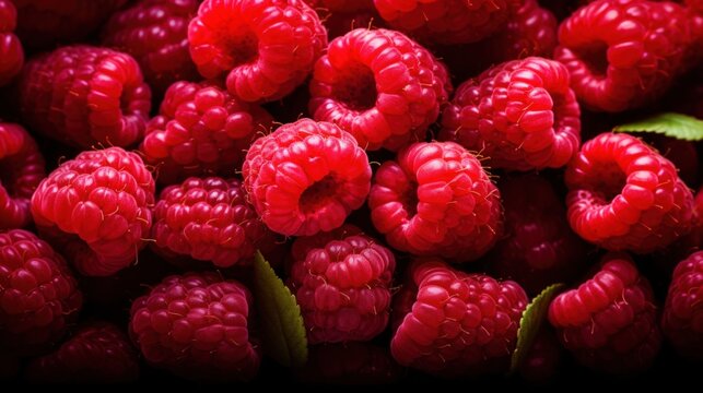 A close-up of fresh, vibrant red raspberries, showcasing their textured surface and green leaves, creating a visually appealing and appetizing composition.