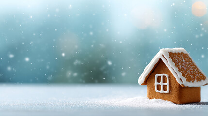 Naklejka premium Small gingerbread house with white icing on snowy surface with falling snowflakes and blurred winter background