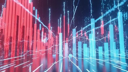 Dynamic stock market data visualization with vibrant red and blue charts showing financial trends and economic activity - Powered by Adobe