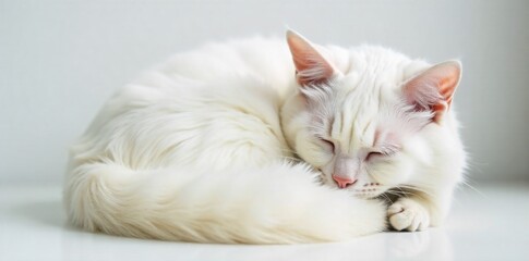 Obraz premium Cozy White Cat on a Soft White Blanket A close up, high detail photograph of a fluffy pure white cat curled into a tight ball, sleeping soundly on a very soft, luxurious, white textured blanket. Soft