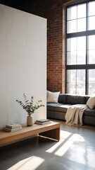 Modern Loft Interior with Sunlight and Eucalyptus