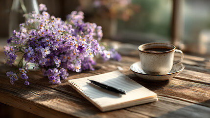 Notebook and pen beside coffee cup and purple flowers on a desk in a natural lighting setting at morning