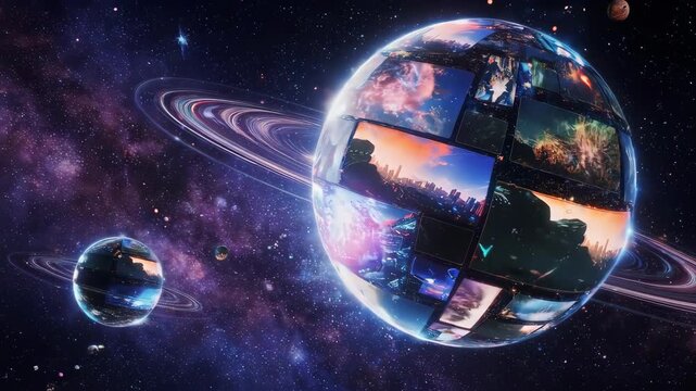 A digital planet in space, rings, stars, moons, and panels of varying imagery