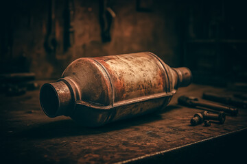 a used catalytic converter isolated in a garage shop background. automotive or transportation background.