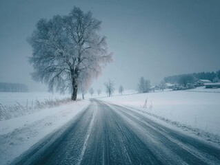 Fototapeta premium Winter Road Solitary Frost Covered Tree Beside Snow Covered Field Rural Landscape