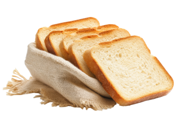 Sliced white bread in a rustic cloth isolated on transparent background. Freshly toasted slices of bread in a toaster isolated on white background.