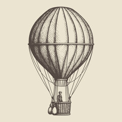 Elegant hand-drawn vector of a vintage hot air balloon with fine details, perfect for travel posters, adventure designs, or steampunk themes.