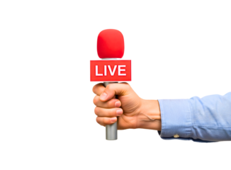 Hand holding a red microphone with the word live isolated on transparent background