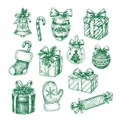 Hand-drawn Christmas gift and ornament vector set, perfect for holiday cards, seasonal designs, and festive decorations.