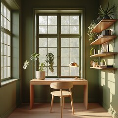 Serene Green Home Office with Natural Light and Plants